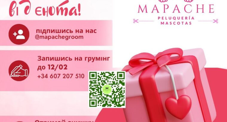 “MAPACHE” ГРУМІНГ-САЛОН в АЛІКАНТІ Всім власникам 4х🐾🐾 даруємо 50% знижку на День Святого Валентина!